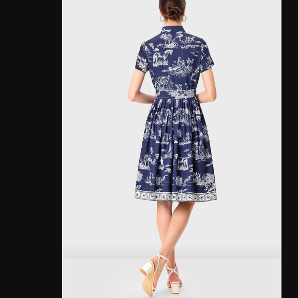 Eshakti Toile Print Crepe Belted Shirt Dress Size 2X Blue Pastoral Horse Novelty - Picture 2 of 16